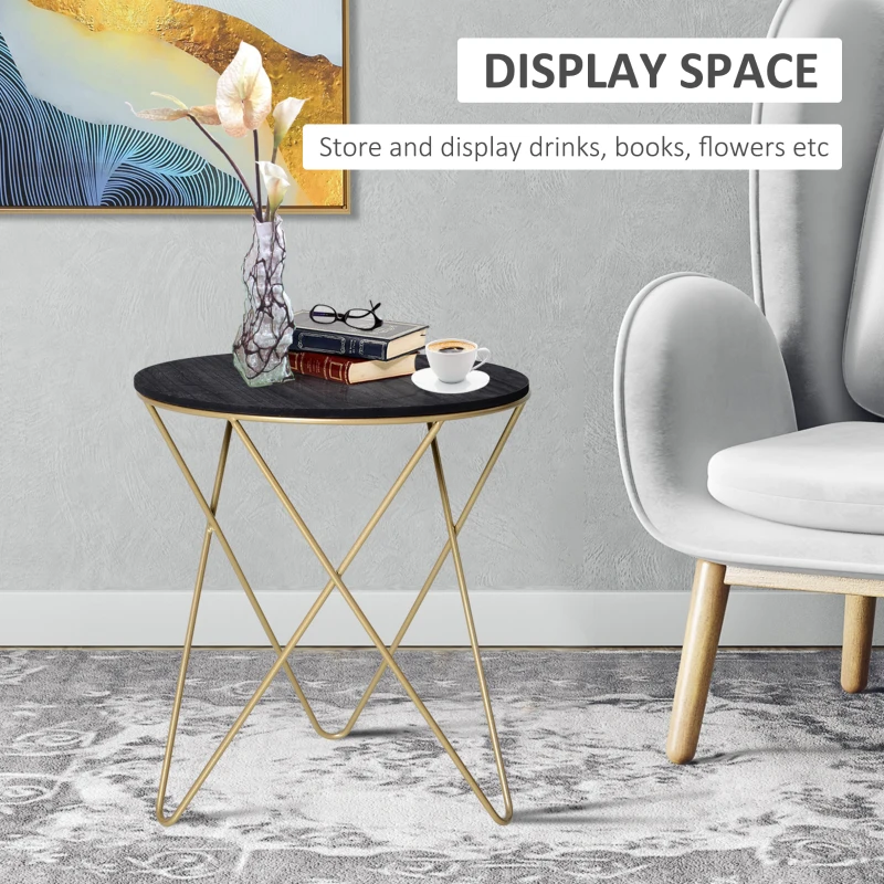 HOMCOM 17" Round Sofa Side Table, Wood Top End Table, Accent Coffee Table with Metal Leg for Living Room, Bedroom, Black and Gold
