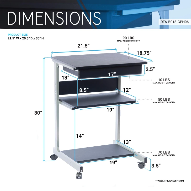 Heavy-Duty Laptop Cart with Single Drawer and Open Shelf, Compact Rolling Laptop Desk for Dorms or Homes, 21.5" L x 20.5" W x 30" H, Black