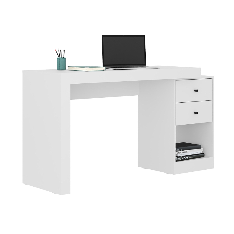 Sleek Expandable Desk with 2 Drawers and Open Bottom Shelf, Modern Home Office Computer Writing Table for Apartment, 47.5" L x 18" W x 29.5" H, White