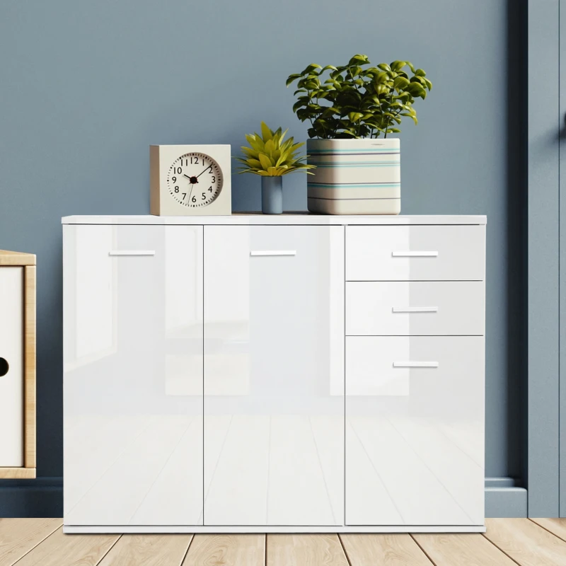 HOMCOM High Gloss Sideboard with 2 Drawers and 3 Doors, Buffet Cabinet with Adjustable Shelf, Coffee Bar Cabinet with Storage, White