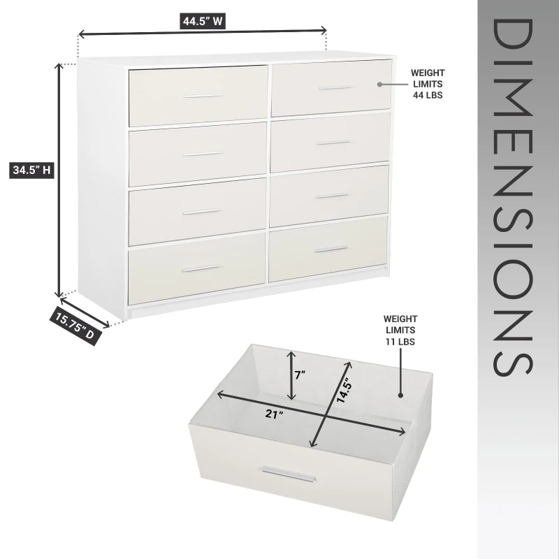 Roomy 8-Drawer Dresser with Water-Resistant Top, Ideal Storage Chest for Bedrooms, Living Rooms, TV Stand, 44.5" L x 16" W x 34.5" H, White