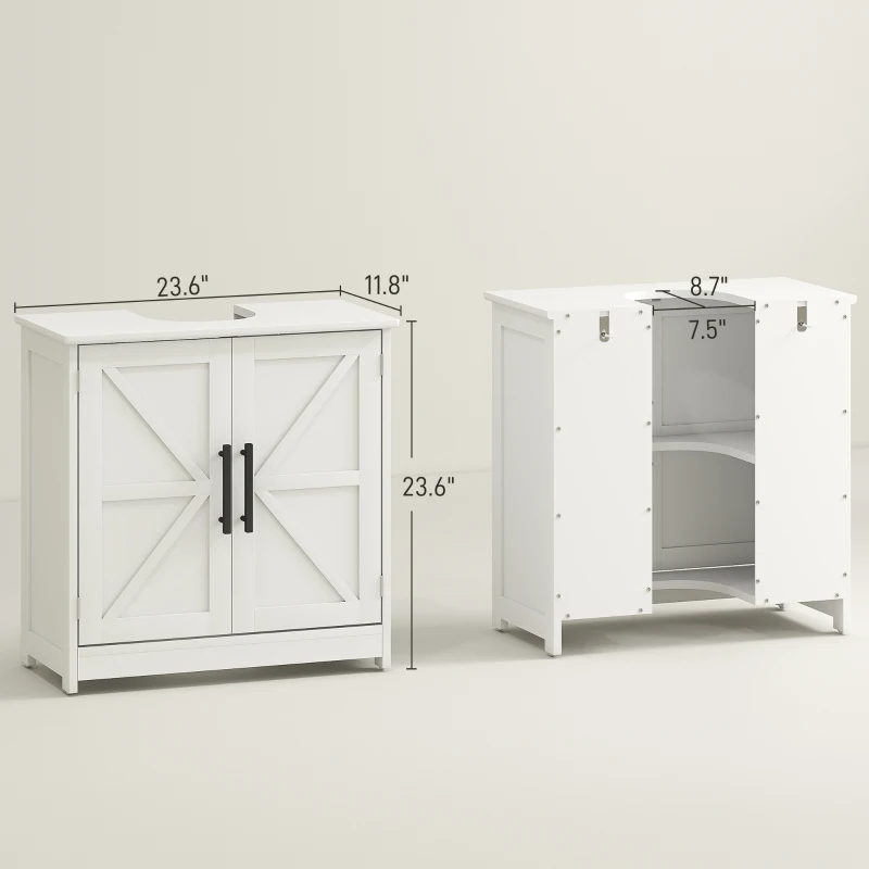 HOMCOM Farmhouse Pedestal Sink Storage Cabinet, Bathroom Sink Cabinet with 2 Barn Doors and Adjustable Shelf, White