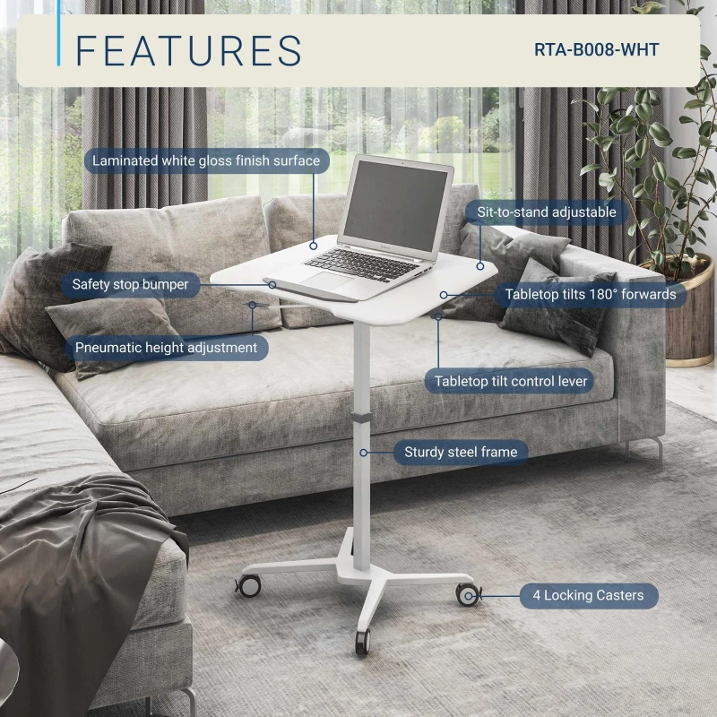 Adjustable Laptop Stand with Top Tilt Control Lever, Mobile Laptop Table for Bedrooms and Living Rooms, 27.5″ L x 18″ W x 30″ H, White