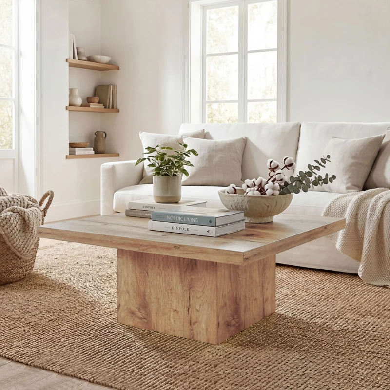 HOMCOM Square Coffee Table, Center Table with 1.6" Thick Tabletop, Light Brown