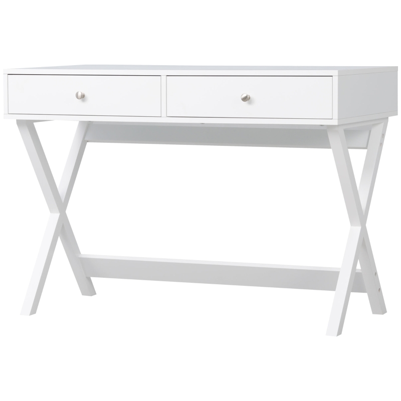 HOMCOM Modern Writing Desk, White Computer Desk, Vanity Makeup Table with Two Drawers, X-shaped Leg for Home Office, Bedroom