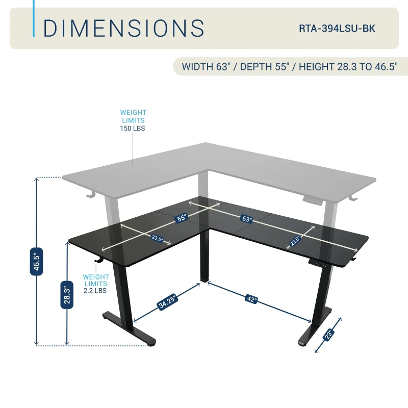 Sleek L-Shaped Standing Desk with 3 Memory Presets and Hooks, Height Adjustable Electric Computer Desk for Home Office, 63'' L x 55'' W x 28'' H, Black