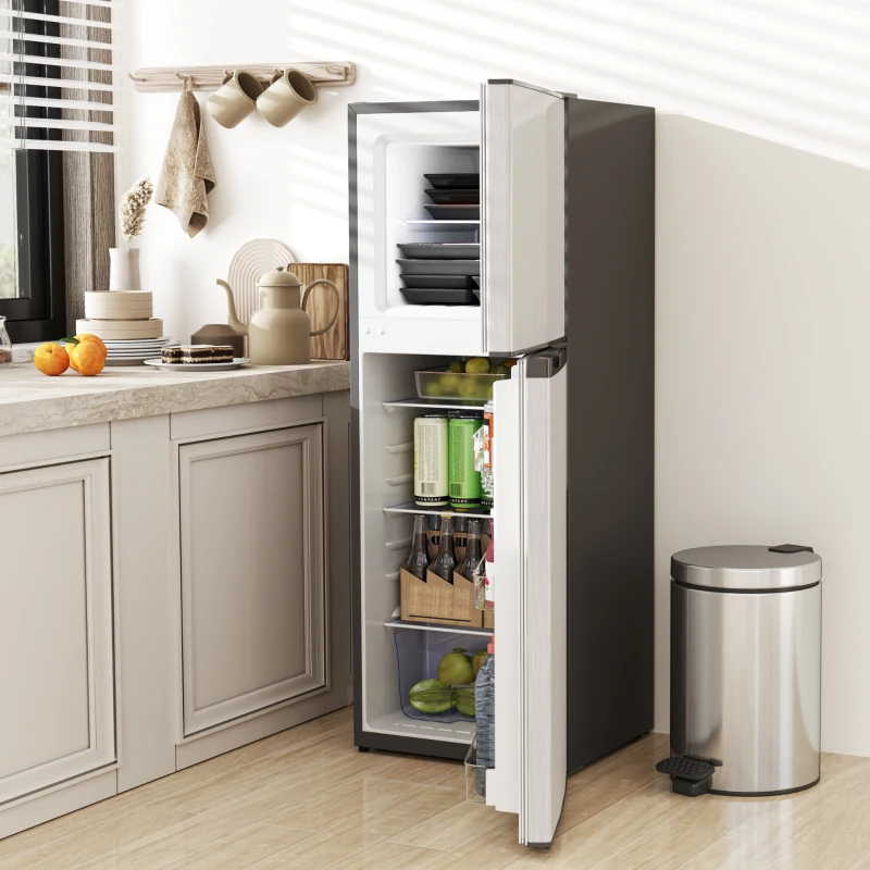 HOMCOM 4.6 Cu.Ft Mini Fridge with Freezer, 2-Door Small Refrigerator with Thermostat, Shelves, Reversible Door, Silver