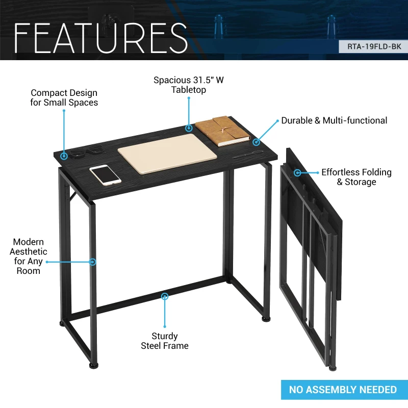 Sleek Folding Desk with Durable Steel Frame, Space-Saving Small Computer Writing Table for Apartment, 31.5" L x 15.5" W x 29" H, Black