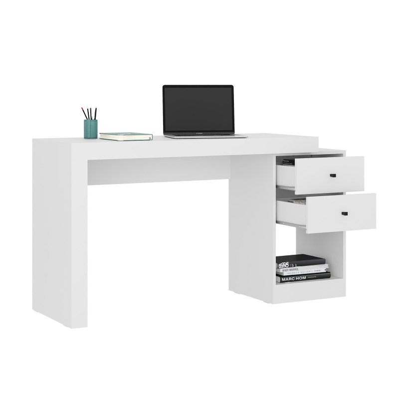 Sleek Expandable Desk with 2 Drawers and Open Bottom Shelf, Modern Home Office Computer Writing Table for Apartment, 47.5" L x 18" W x 29.5" H, White