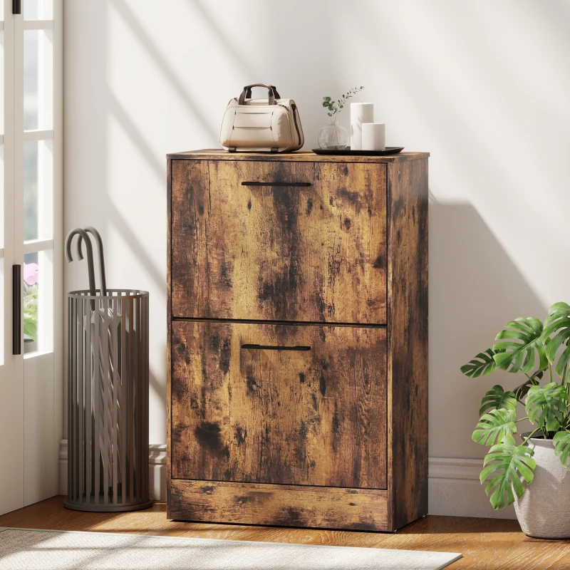 HOMCOM Shoe Cabinet 2 Flip Drawers Narrow Shoe Storage Unit Adjustable Dividers Entryway Hallway Rustic Brown