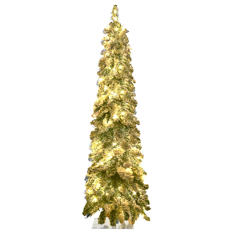 HOMCOM 4' Artificial Slim Christmas Trees, with Snow Frosted Branches, Warm White or Colorful LED Lights, Downswept Shape