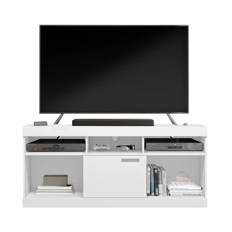 Sleek White TV Stand with Centered Sliding Door, Modern Media Entertainment Console Center for Living Room, 61" L x 15.5" W x 27" H, White