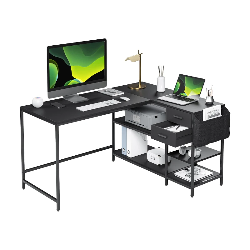 Modern L-Shaped Desk with 2 Drawers and Fabric Organizer, Contemporary Corner Computer Desk for Home Office, 55" L x 46.5" W x 29.5" H, Black