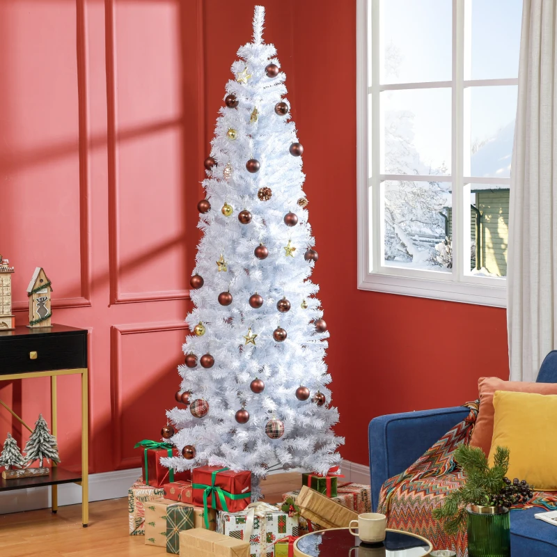 HOMCOM 7 FT Artificial Christmas Tree Pencil Xmas Tree with Stand, 818 Tips, Holiday Home Indoor Decoration for Party, White