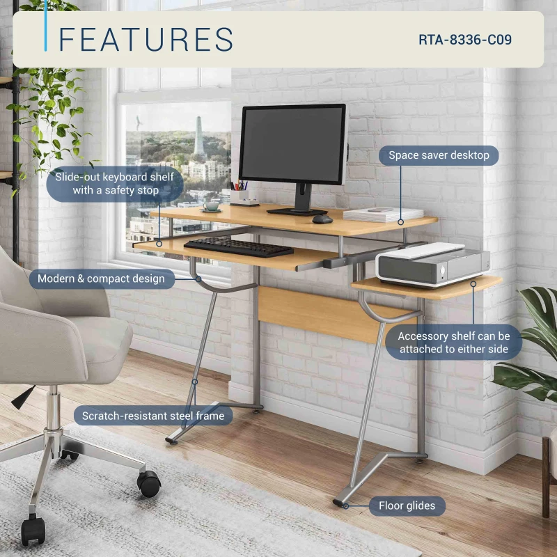 Compact Computer Desk with Slide-Out Keyboard Tray and Printer Shelf, Modern Writing Table for Home Office, 43" L x 19.5" W x 30" H, Cherry