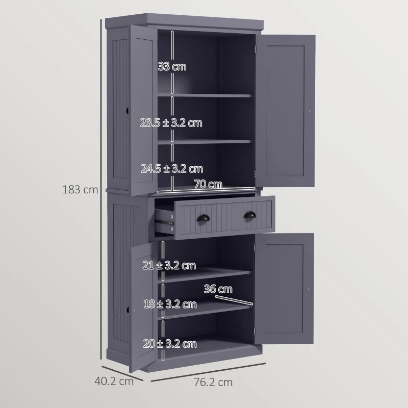HOMCOM 72" Kitchen Pantry Storage Cabinet, Cupboard w/ 4 Doors and 3 Adjustable Shelves, Large Central Drawer, Navy Blue