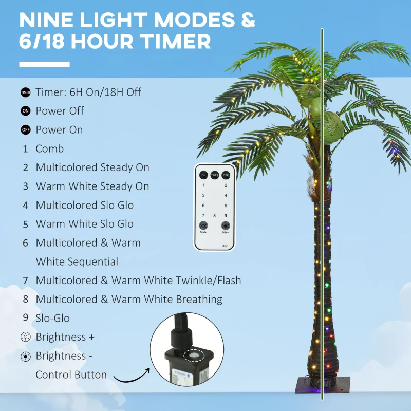 Outsunny 5' Artificial Light Up Palm Tree Lighted Tropical Fake Tree with Remote 200 Lights 3 Coconuts for Outdoor Indoor Green