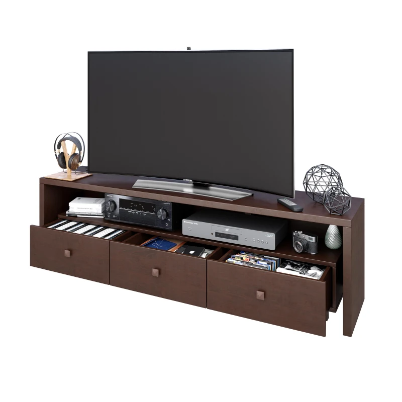 Elegant Hickory TV Stand with 3 Drawers and Cable Management, Modern Media Entertainment Console for Living Room, 70.5" L x 15" W x 20" H, Brown