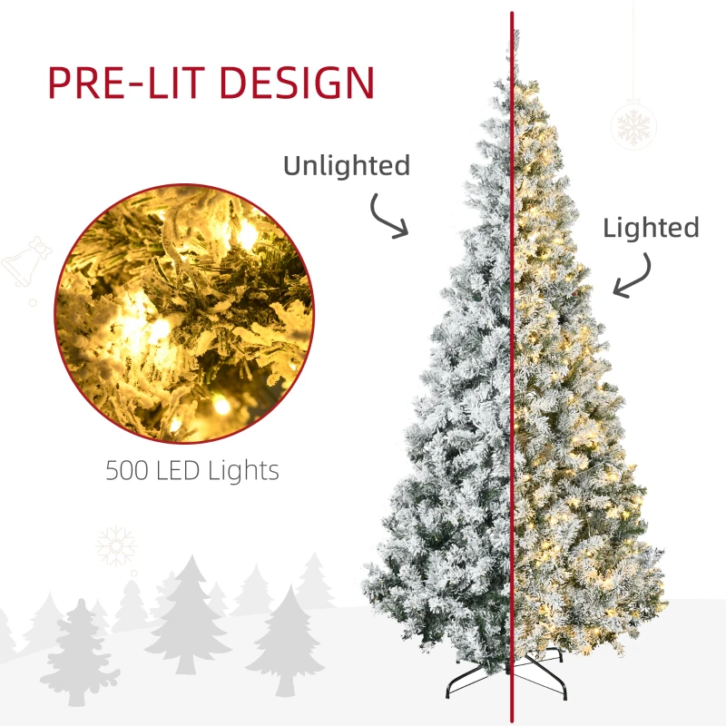 HOMCOM 7.5' Prelit Artificial Flocked Christmas Trees, with Snow Frosted Branches, Warm White LED Lights, Auto Open
