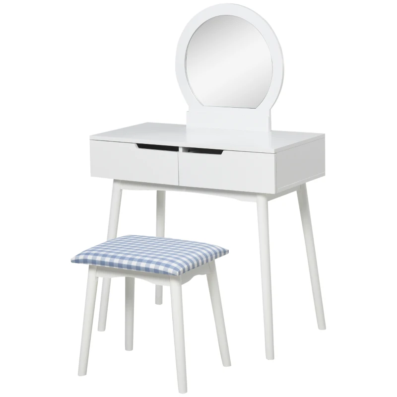 HOMCOM Makeup Vanity Desk with Round Mirror and 2 Drawers, Dressing Table with Cushioned Stool Set for Bedroom (White)