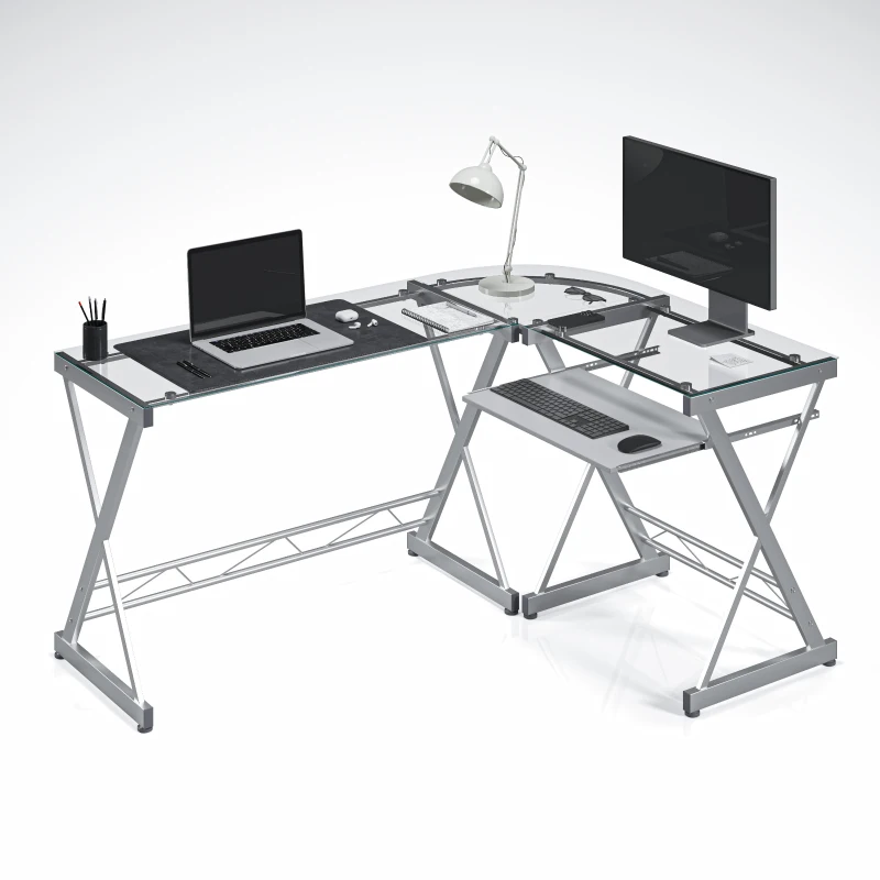 Sleek L-Shaped Computer Desk with Tempered Glass Top, Reversible Corner Workstation Table for Home Office, 61.5" L x 45" W x 29.5" H, Clear