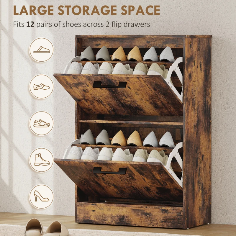 HOMCOM Shoe Cabinet 2 Flip Drawers Narrow Shoe Storage Unit Adjustable Dividers Entryway Hallway Rustic Brown