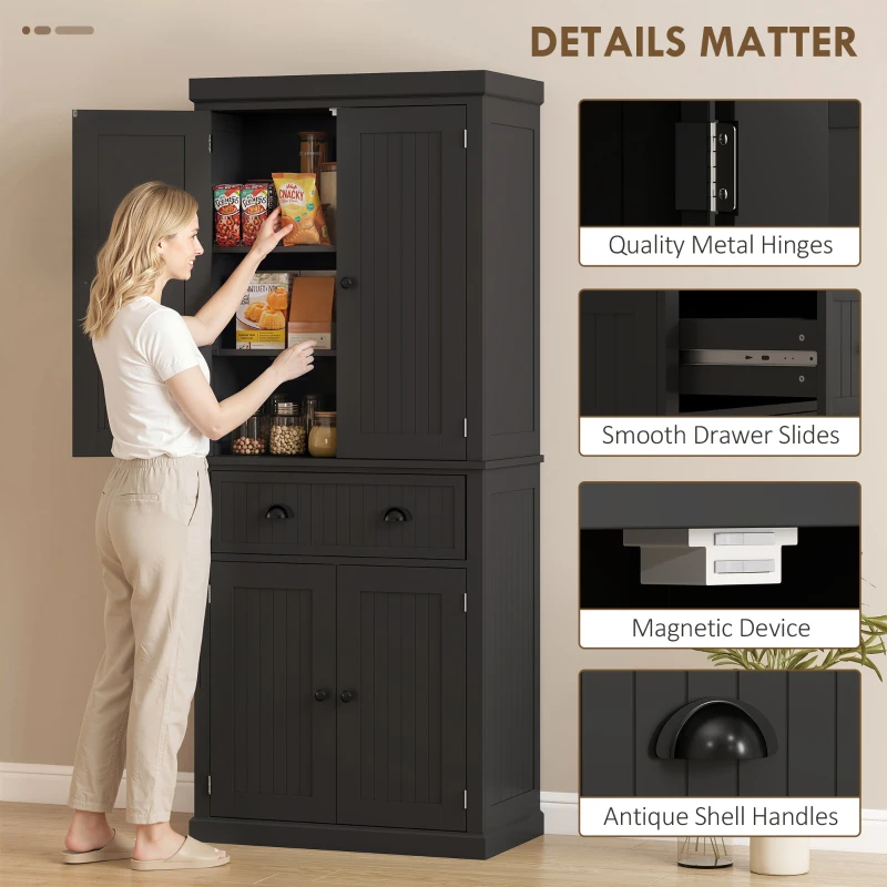 HOMCOM 72" Tall Kitchen Pantry Cabinet, Modern Buffet Storage Cabinet with 4 Beadboard Doors, Drawer and Adjustable Shelves, Black