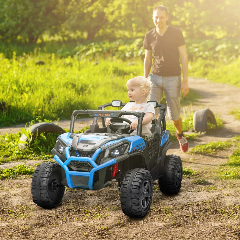 Qaba 2 Seater 24V Kids Electric Car w/ Remote Control, 3 Speed, LED Lights, Music, Horn, Spring Suspension, Slow Start, Blue