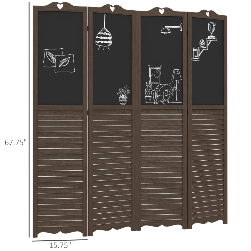 HOMCOM Wooden Room Divider with Blackboard, 4 Panel Folding Privacy Screen for Home Office, 5.5', Walnut Brown