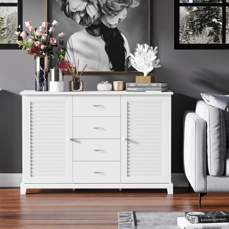 HOMCOM 47" Modern Storage Cabinet Buffet Sideboard with Drawers and Louvered Doors- White