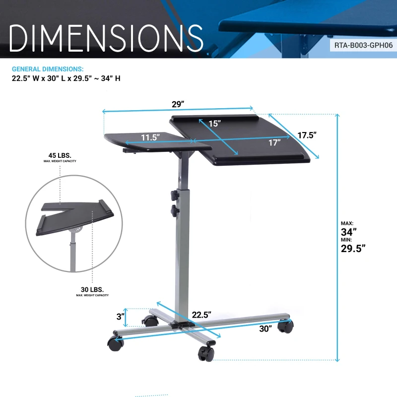 Ergonomic Rolling Laptop Cart with Two Safety Edge-Stoppers, Functional Laptop Stand with Stationary Writing Panel, 30″ L x 22.5″ W x 29.5″ H, Black