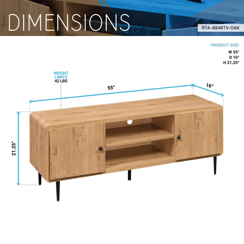 Stylish Mid-Century TV Stand with Cable Management Hole, Modern Media Entertainment Console Cabinet for Living Room, 55" L x 16" W x 21" H, Oak