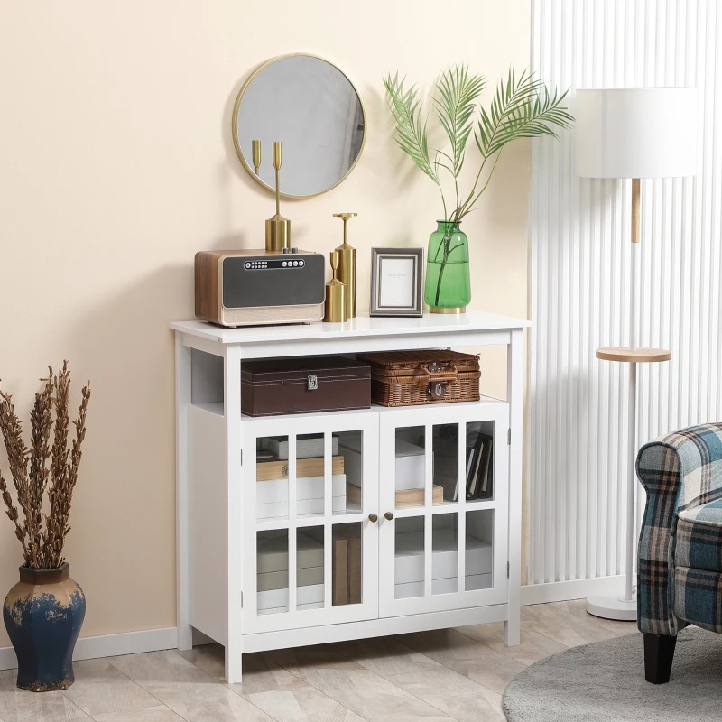 HOMCOM Sideboard Buffet Cabinet with Open Shelf, Glass Doors and Adjustable Shelf, Accent Cabinet for Kitchen, Living Room, White
