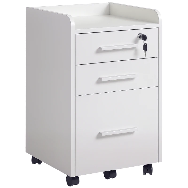 HOMCOM Lockable Filing Cabinet on Wheels, 3 Drawer Mobile File Cabinet with Lock and Edged Top, White