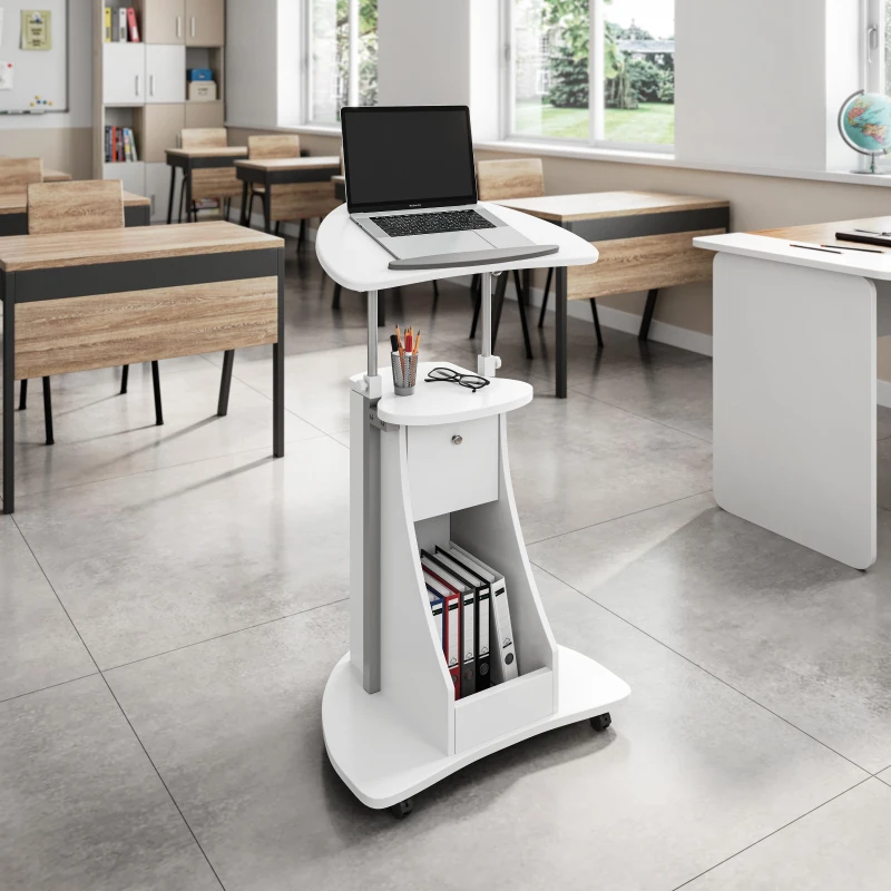 Ergonomic Sit-to-Stand Laptop Cart with Tilting Panel, Storage-Equipped Laptop Stand for Offices, 21.5″ L x 17″ W x 31.5″ H, White
