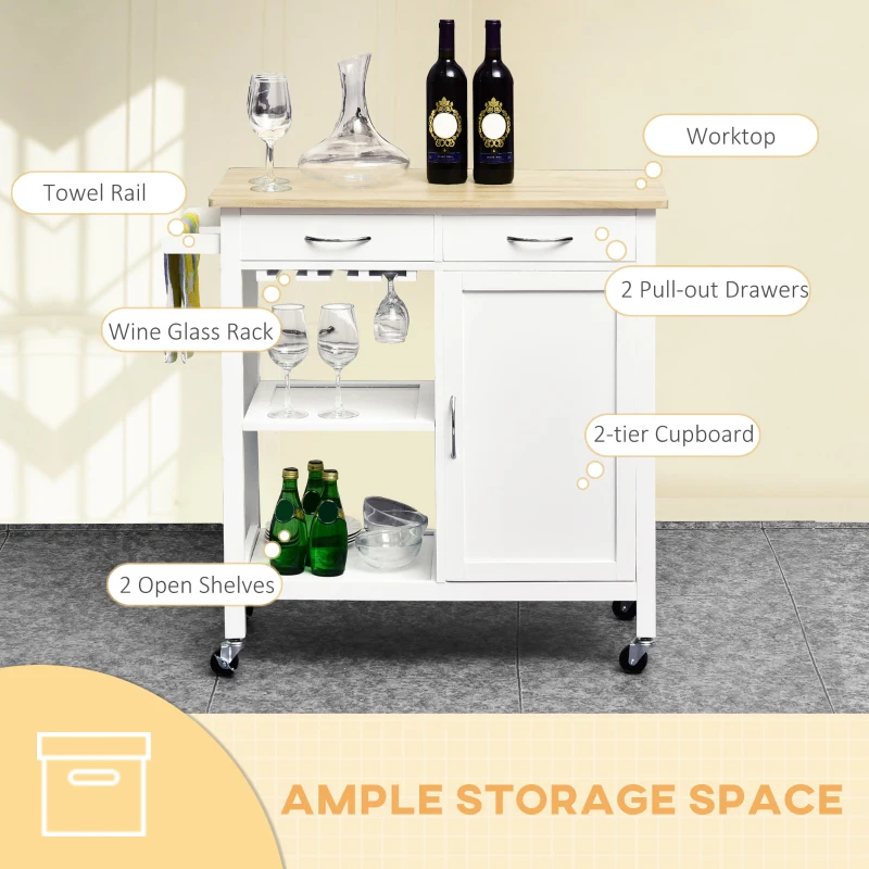 HOMCOM Kitchen Storage Trolley Cart Serving Cart 2 Drawers Wine Glass Rack Towel Rail