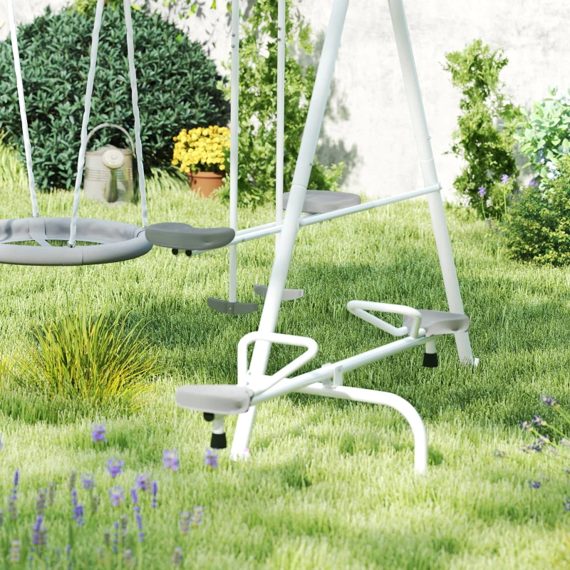Outsunny 5 in 1 Kids Swing Set for Backyard with Heavy-Duty A-Frame Stand, Saucer Swing, Slide, Seesaw, Glider, Swing Seat, Gray