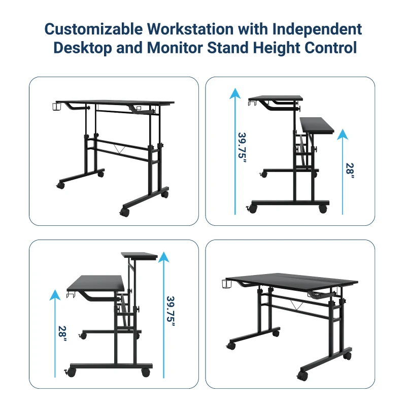 Mobile Writing Desk with Height Adjustment and Headphone Hook, Compact Worktable for Offices and Study Rooms, 35″ L x 23.5″ W x 28″ H, Black