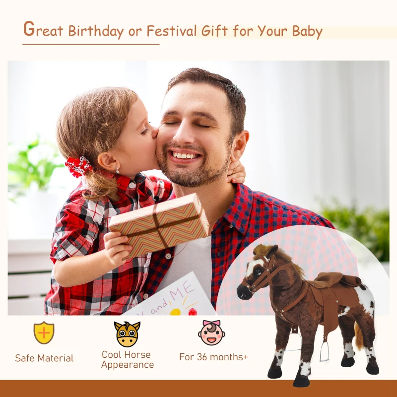 Qaba Standing Ride on Horse, Plush Pony Toy for Kids with Neighing Sound, Soft Padding, for Cowboy Cowgirl Aged 3-8 Years Old, Brown