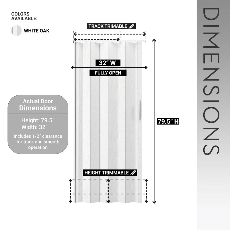 32" W Sleek Foldable Accordion Door with Double-Walled Panels, Space-Saving Interior PVC Sliding Door for Bedroom, 32'' L x 1'' W x 80'' H, White Oak