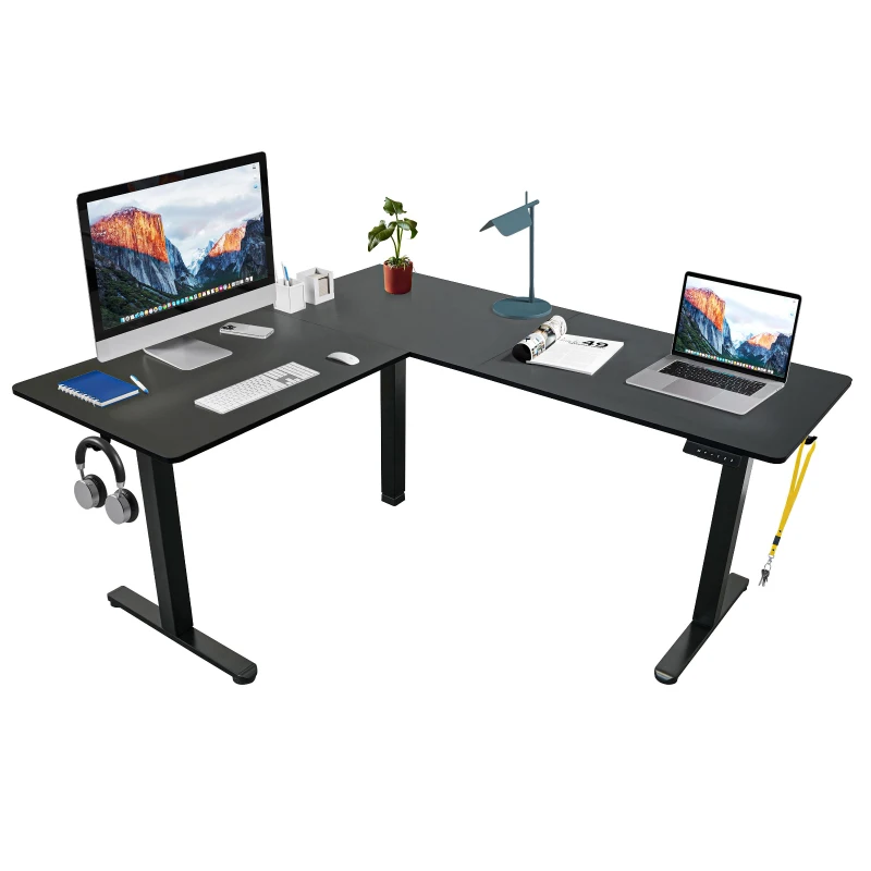 Sleek L-Shaped Standing Desk with 3 Memory Presets and Hooks, Height Adjustable Electric Computer Desk for Home Office, 63'' L x 55'' W x 28'' H, Black