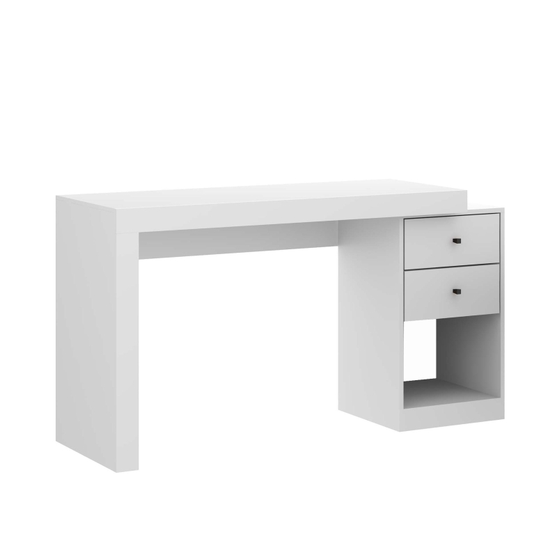Sleek Expandable Desk with 2 Drawers and Open Bottom Shelf, Modern Home Office Computer Writing Table for Apartment, 47.5" L x 18" W x 29.5" H, White