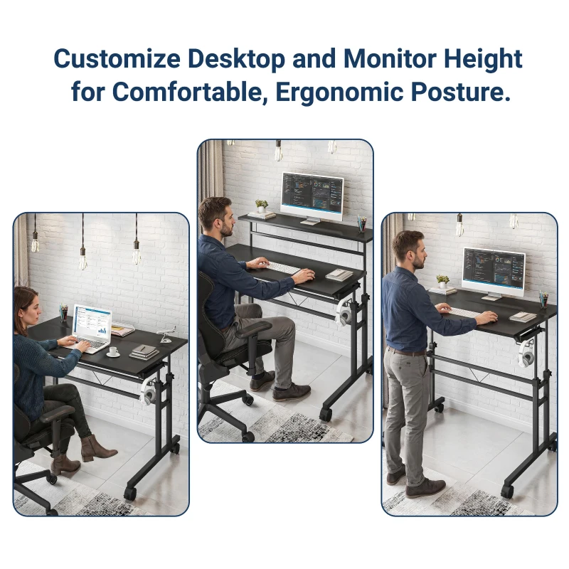 Mobile Writing Desk with Height Adjustment and Headphone Hook, Compact Worktable for Offices and Study Rooms, 35″ L x 23.5″ W x 28″ H, Black