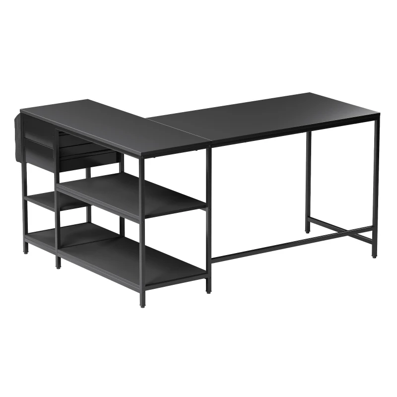 Modern L-Shaped Desk with 2 Drawers and Fabric Organizer, Contemporary Corner Computer Desk for Home Office, 55" L x 46.5" W x 29.5" H, Black