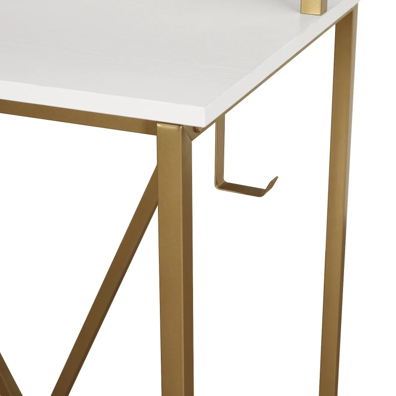 Industrial Writing Desk with Elevated Hutch Shelf and CPU Caddy, Modern Computer Table for Home Office, 46.5" L x 19" W x 34" H, Gold