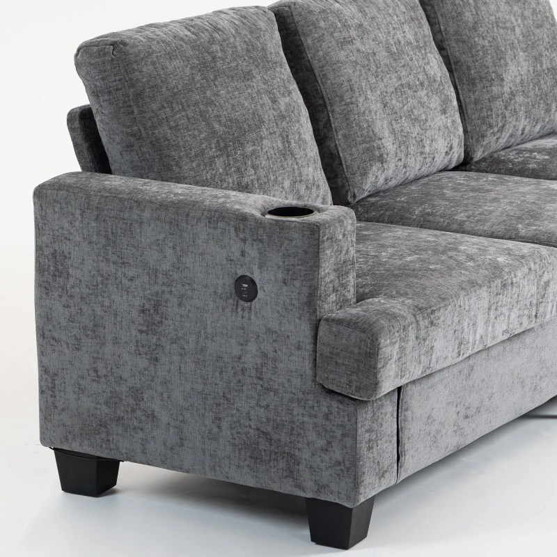 HOMCOM 3 Seater Sofa with USB Ports & Cup Holders, Chenille-Feel Upholstered Couch for Living Room, Grey