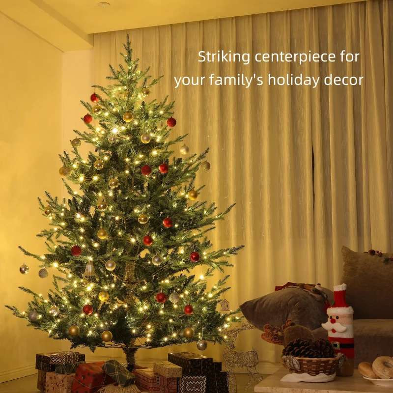 HOMCOM 7.5 ft Artificial Christmas Tree, Prelit Christmas Tree with 300 LED Lights, 1218 Branch Tips and Wide Metal Base, Green