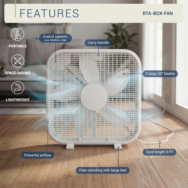 Powerful 20" Box Fan with 3 Adjustable Speed Settings, Lightweight High-Velocity Air Circulation Floor Fan for Home, 21" L x 4" W x 21" H, White