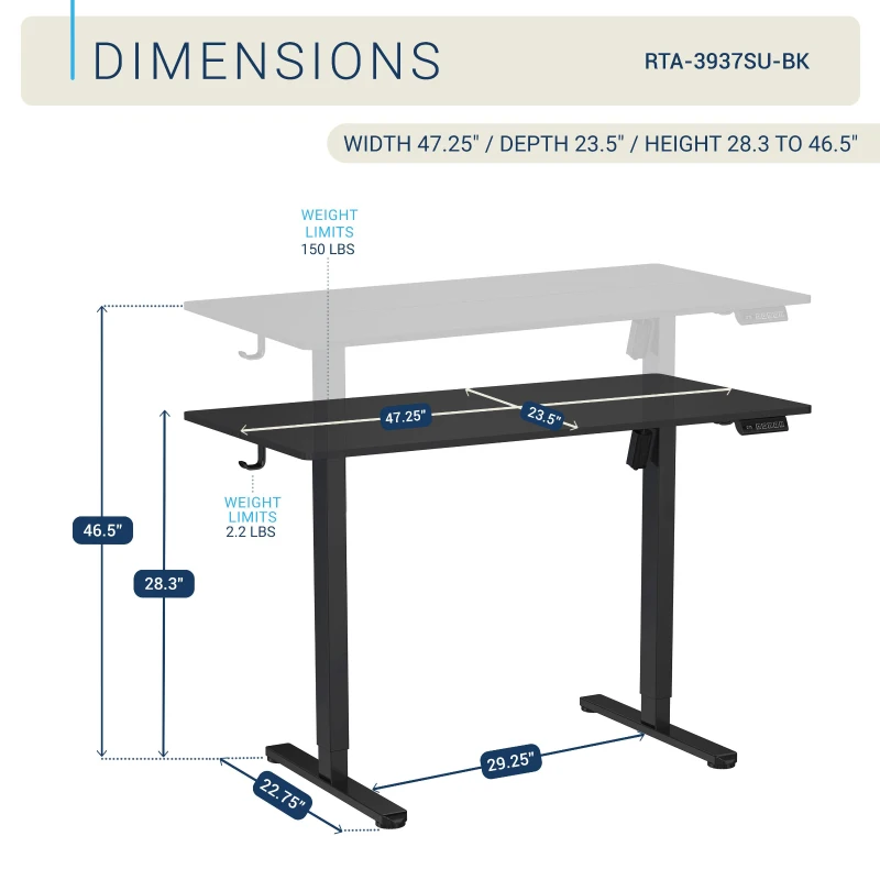 Sleek Electric Standing Desk with Memory Presets and Hooks, Height Adjustable Sit to Stand Computer Desk for Home Office, 47.5'' L x 23.5'' W x 28'' H, Black