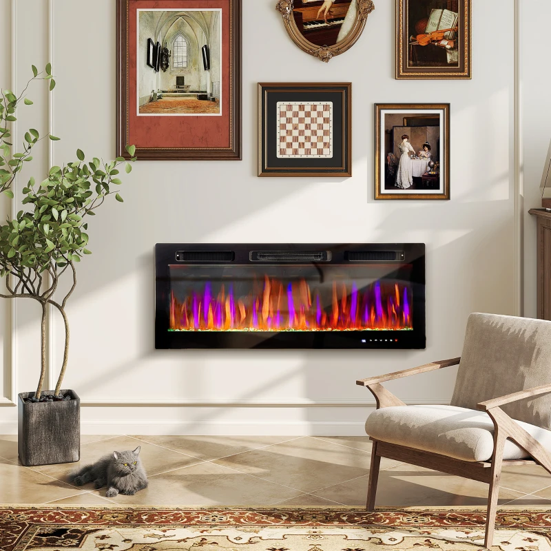 HOMCOM 50" Electric Fireplace Recessed and Wall Mounted, 1500W Ultra-thin with Adjustable Flame, Crystal, Black